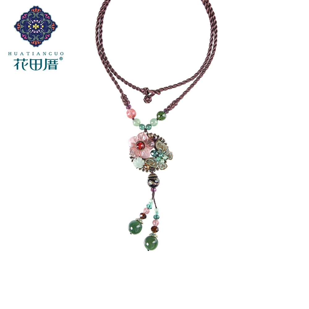 

Vintage Alloy Butterfly White Pink J ade Petal Flower Colored Glass Bead Green Stone Female Accessories PendantNecklace CL-17058
