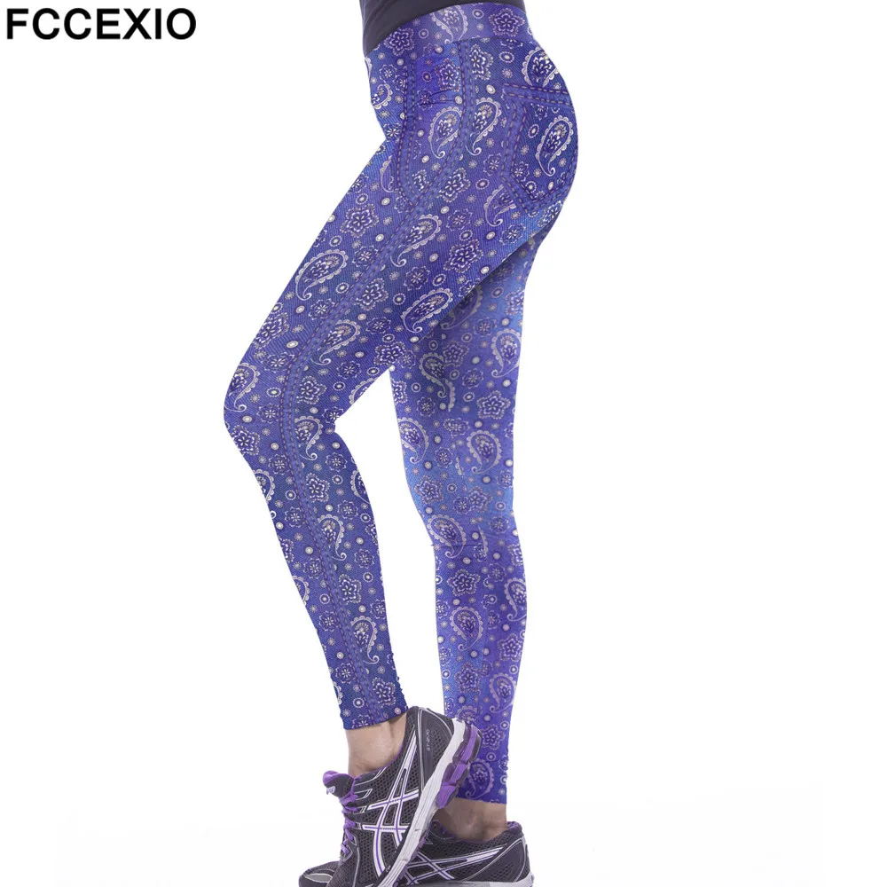 

FCCEXIO New Women Printed Pants Bandana Blue High Elastic Fashion Sposting Women High Elastic Leggings Trousers Leggins Fitness
