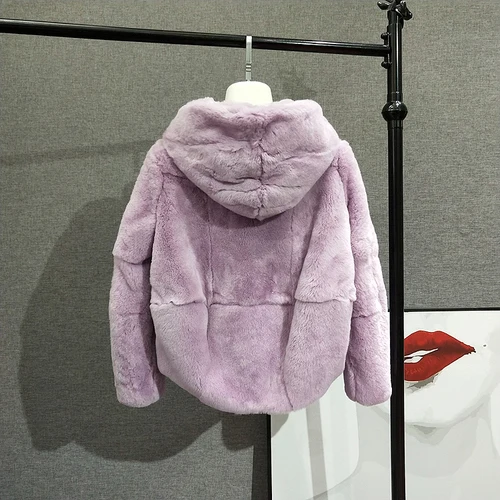 Фиолетовый OFTBUY пальто с натуральным мехом, зимняя куртка для женщин, полностью натуральный мех кролика Рекс, капюшон, уличная верхняя одежда, повседневная Толстая теплая Модная одежда - Цвет: Фиолетовый