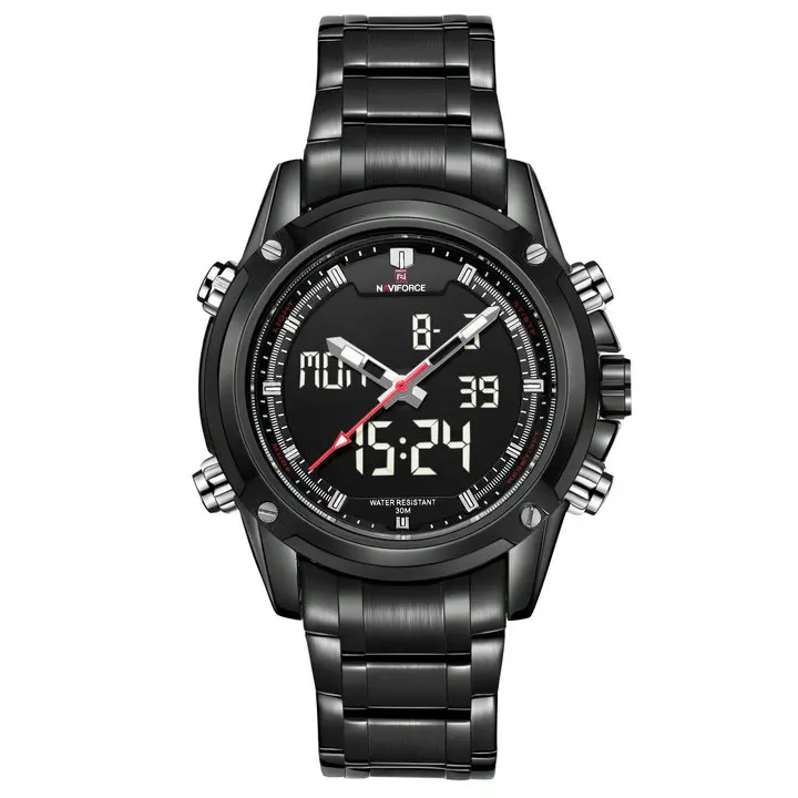 BLACK GRAY NAVIFORCE, военные часы, люксовый бренд, кварцевые, светодиодный, цифровые часы, полностью стальной ремешок, водонепроницаемые, армейские, модные, двойное время, аналоговые часы - Цвет: BLACK GRAY