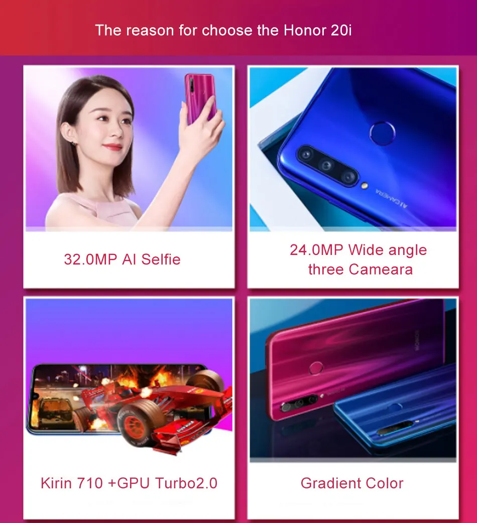 Абсолютно мобильный телефон Honor 20i 4G LTE, 6,21 дюймов, 6 ГБ ОЗУ, 256 Гб ПЗУ, четыре ядра, Kirin 710, Android 9,0, МП, телефон для распознавания лица, отпечатков пальцев
