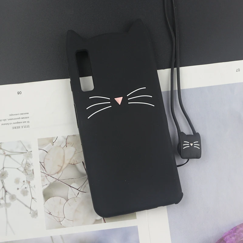 HuxuBlack With Rope Милый 3D мультяшный силиконовый чехол для samsung Galaxy A50 A70 A30 A20 A10 чехол s Япония блестящая борода кошка кошечка с милыми ушками чехол для телефона - Цвет: HuxuBlack With Rope