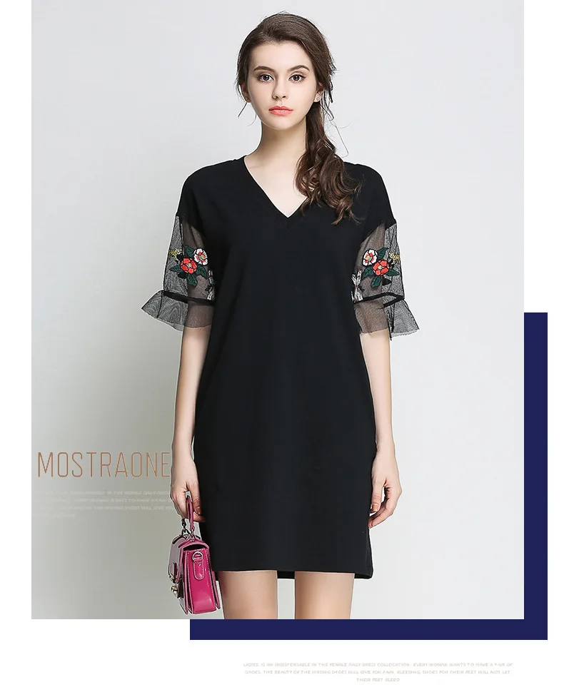 Женское платье с вышивкой и расклешенными рукавами элегантное черное V образным