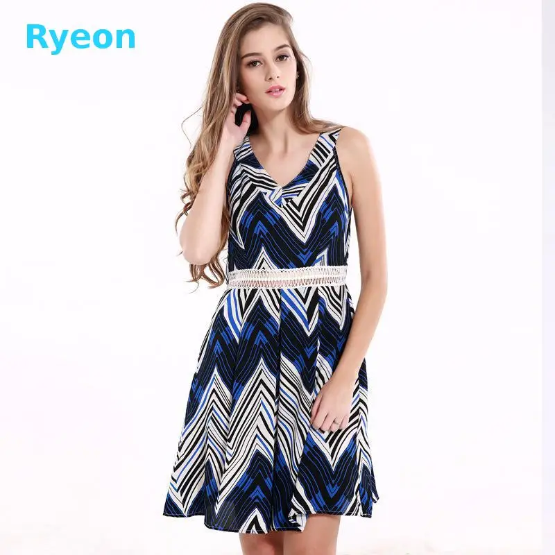 2016 A Line Полосатый Летнее Платье Без Рукавов С Вышивкой Кружева Майка V образным