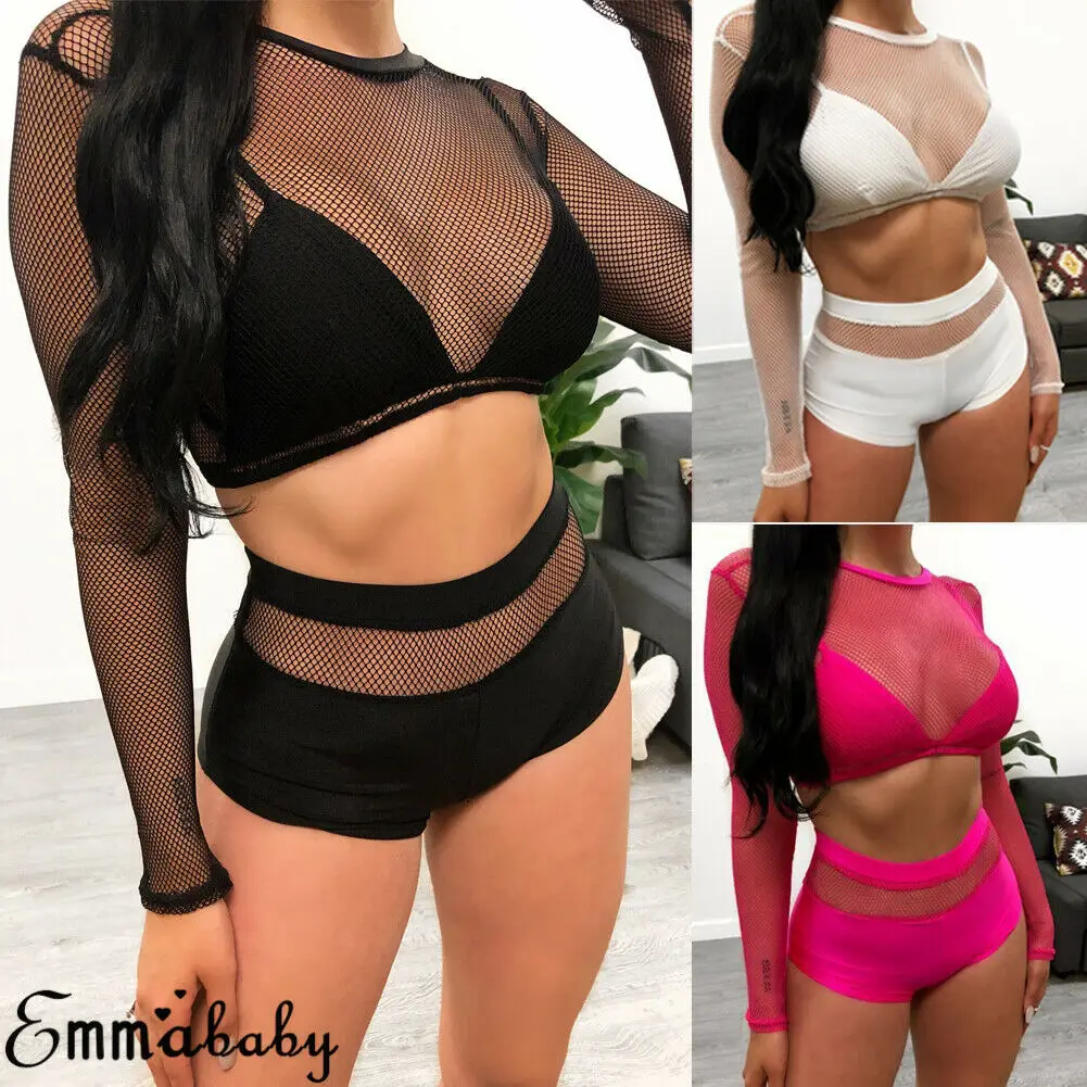 Сексуальный летний женский сетчатый комплект бикини с круглым вырезом и