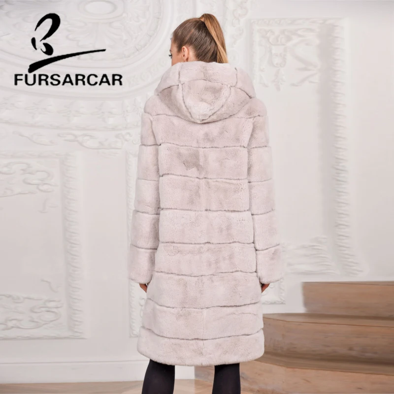 FURSARCAR теплая свободная шуба из кролика рекс Рекс с капюшоном 2018 Роскошная модная