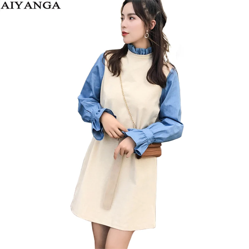 

Осенне-зимнее платье для женщин 2018 джинсовые платья с длинным рукавом в стиле пэчворк с высокой талией женское повседневное свободное праз...