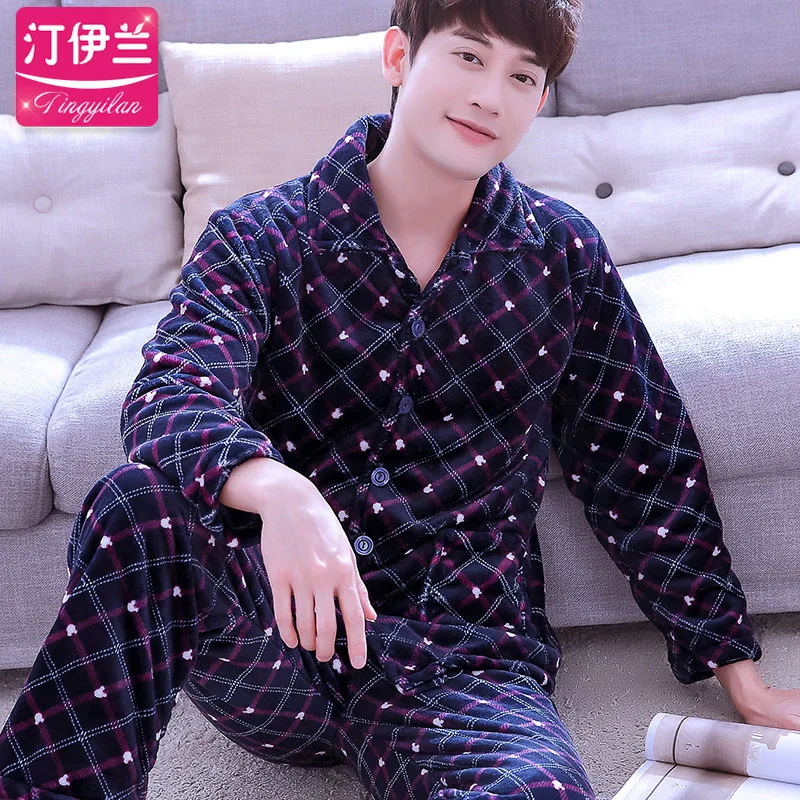plaid men pajama Мужской пижамный комплект, зимняя фланелевая Толстая Теплая мужская пижама, костюм с длинным рукавом, осенняя Коралловая флисовая Пижама, Мужская домашняя одежда, пижама для мужчин, XXXL - Цвет: plaid men pajama