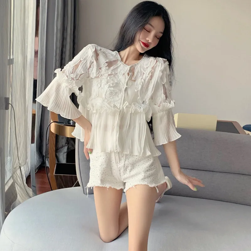 Kawaii peplum blouse tops ladies vintage pleated ruffle mesh patchwork chiffon shirt Casual summer | Женская одежда