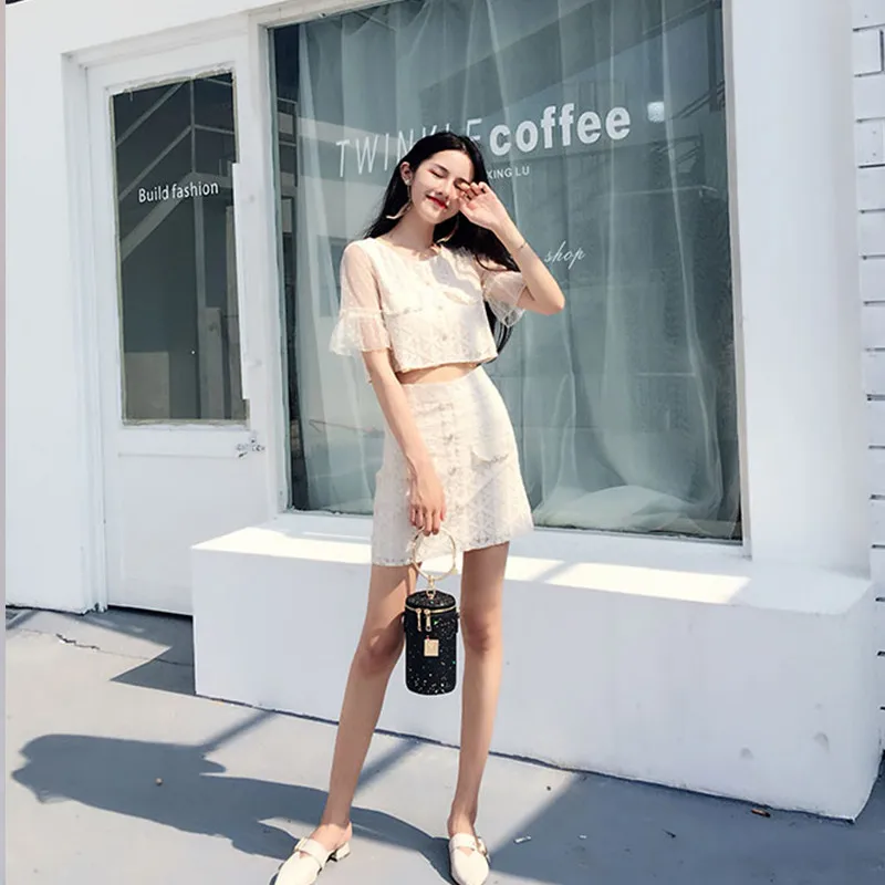 Летний модный комплект из 2 предметов Vestidos новинка 2019 Женская Милая Кружевная