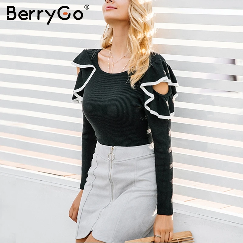 BerryGo вязаный свитер с круглым вырезом и рюшами Женский Повседневный зимний