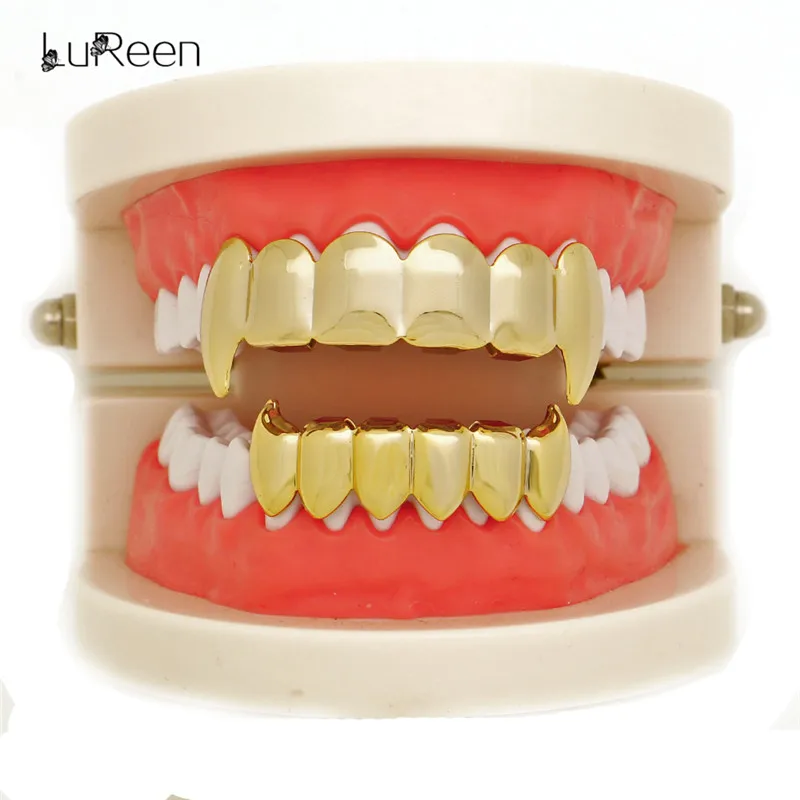 LuReen золотые зубы Grillz Топ& Botom зуб грили стоматологический Хэллоуин Клык вампир зубы шапки вечерние украшения для тела XHYT1076
