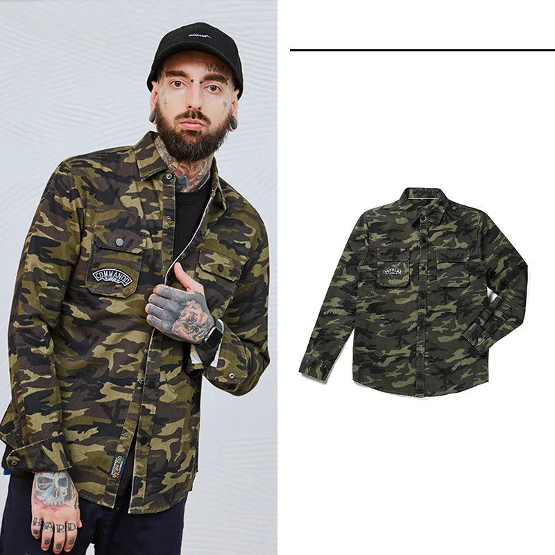New men's clothing tool camouflage jacket lapel top pocket tooling wind young fashion casual denim shirt WL-45-555730184589 | Мужская
