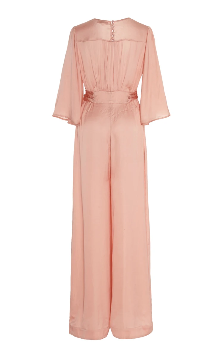 

COLOREE High Quality Women Casual Long Jumpsuits 2019 New Fashion V-Neck Mid Sleeve Lace-up Sashes Simple Loose Jumpsuits