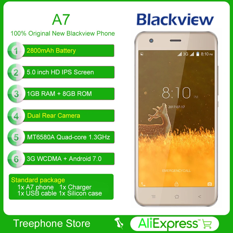 Новый BLACKVIEW A7 смартфон Dual сзади Камера mt6580 четыре ядра мобильный телефон Android 7 0 5