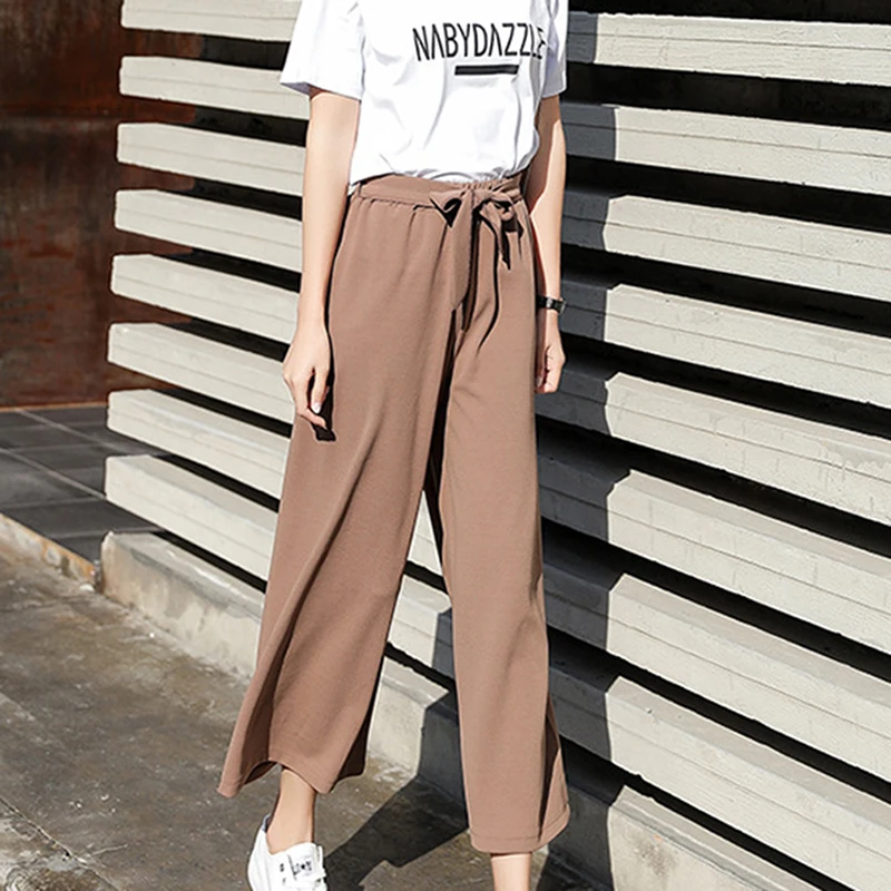 

Женские шифоновые широкие брюки с высокой талией, свободные брюки до щиколотки с эластичным поясом и завязкой-бантом, милые брюки