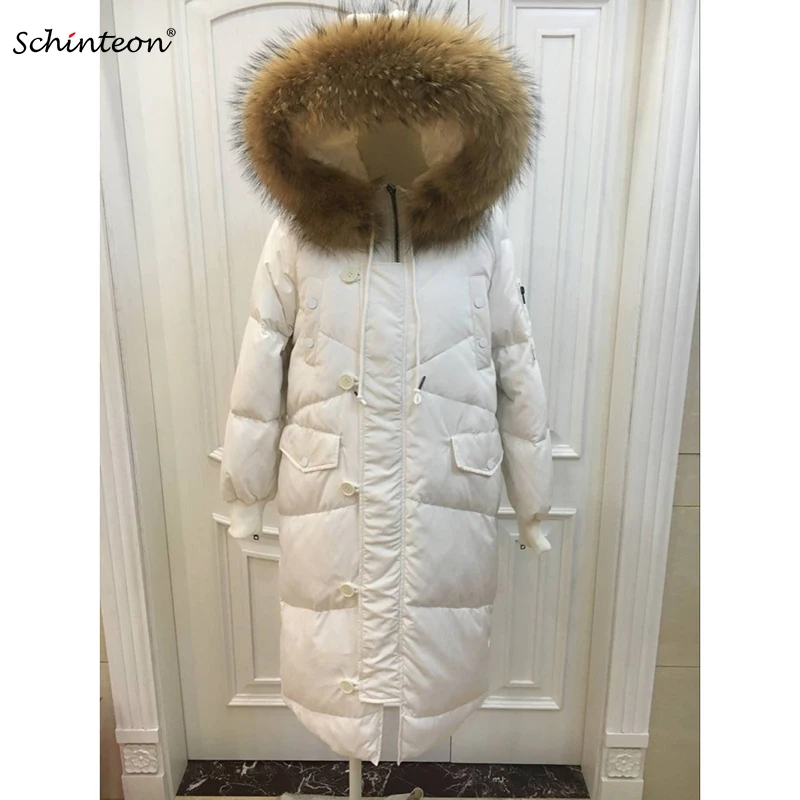 

Schinteon Unisex Warm Duck Down Jacket with 100% Real Big Raccoon Fur Hood Loose Winter Outwear Garment