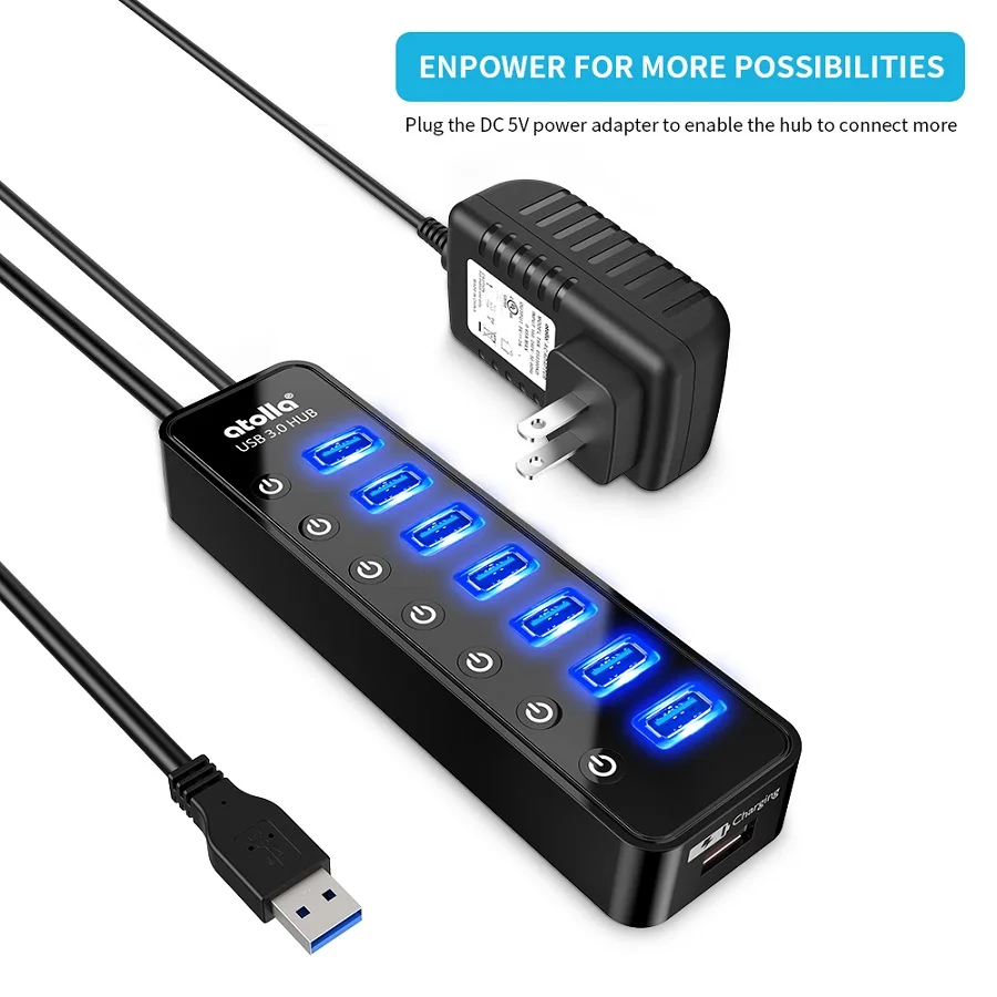 Atolla USB 3,0 концентратор 7 портов USB разветвитель с переключателями+ 1 умный порт зарядки, высокоскоростной USB разветвитель 5 Гбит/с, с адаптером питания - Цвет: US Kit 5V4A 100cm