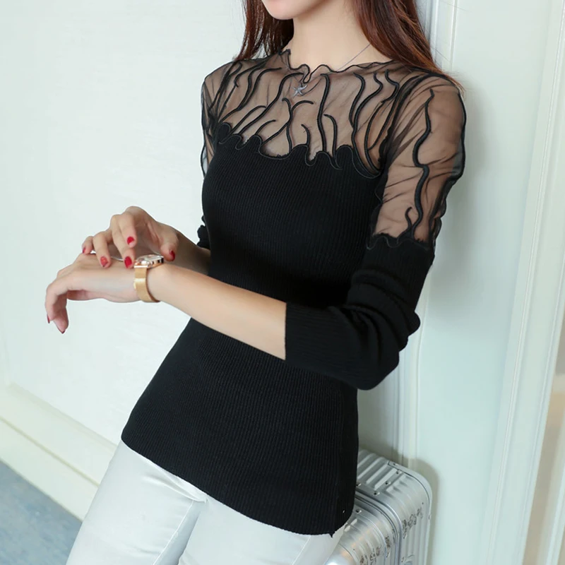 

Sexy lace stitching shirt 2020 new winter dress color thin sweater long sleeved Pullover