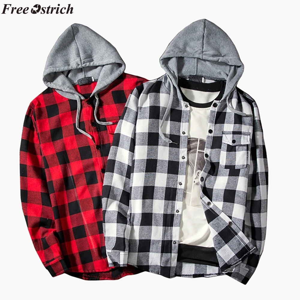 FREE OSTRICH hoodies Tracksuit Men's Autumn Casual Plaid Shirts Long Sleeve Pullover Shirt Top Hooded Blouse Sportswear