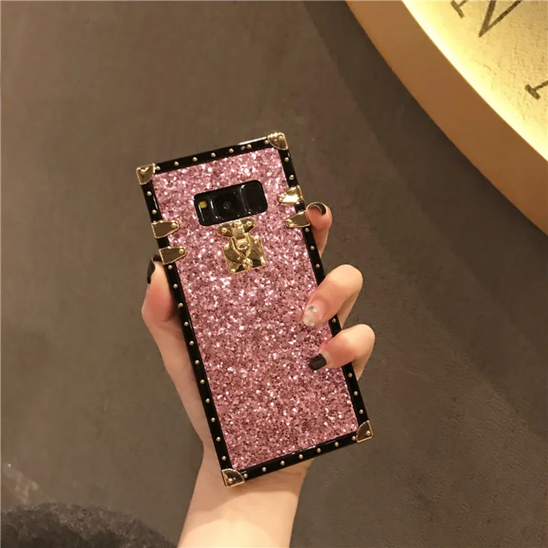 Pink YHBBCASES, Модный Золотой квадратный чехол с заклепками для samsung Galaxy S10 S8 S9 Plus, Роскошные блестящие порошки, чехлы для samsung Note 10 8 9 - Цвет: Pink
