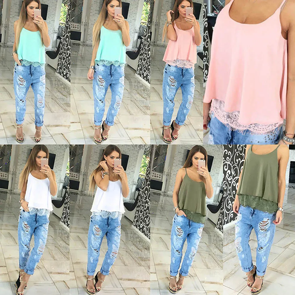 Для женщин Лето майки кружева лоскутное Топ Без Рукавов Повседневное