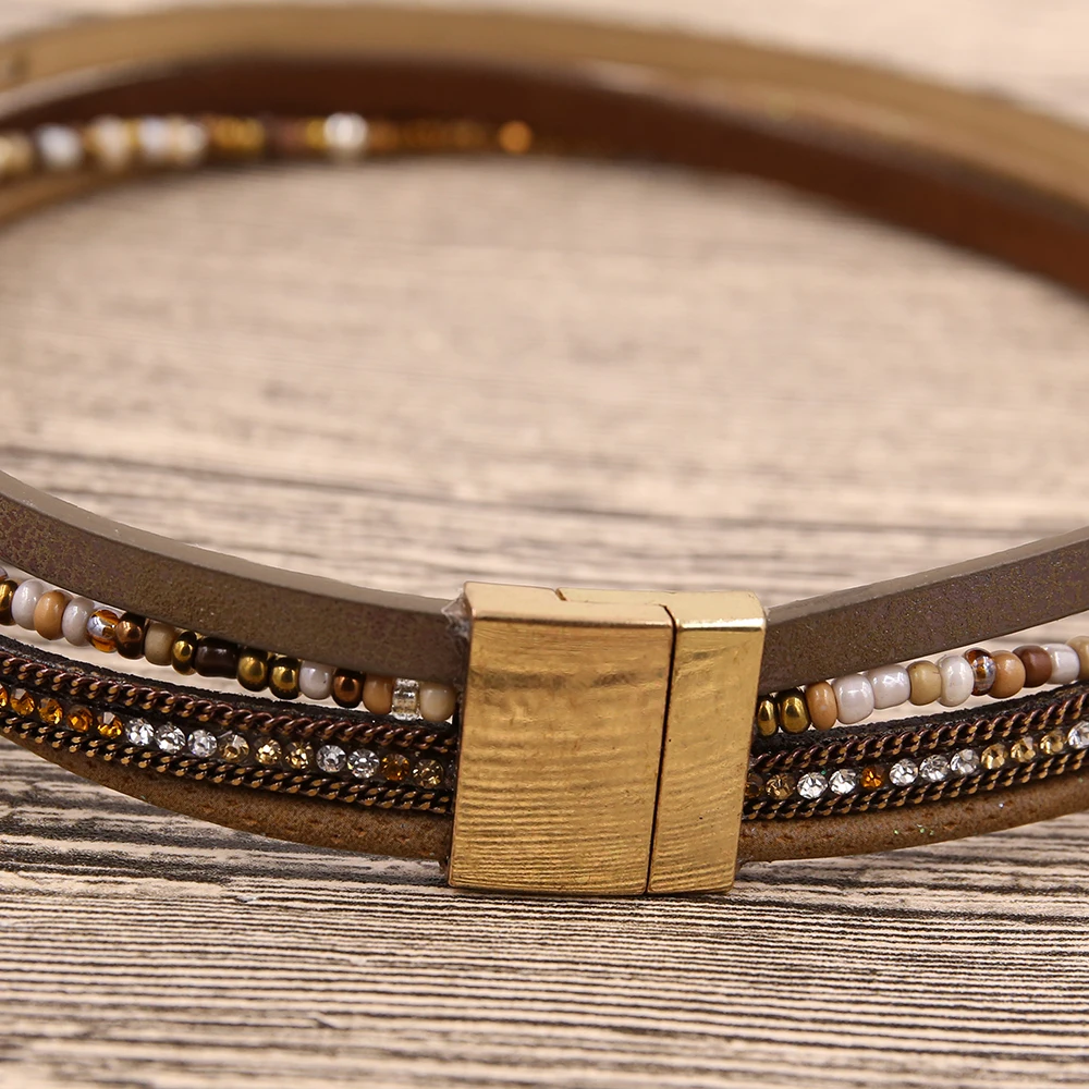 2019 Bohemia flower Leather bracelet For Women Multi-layer Beads Charm Wristband Crystal Magnetic Bracelets Jewelry | Украшения и