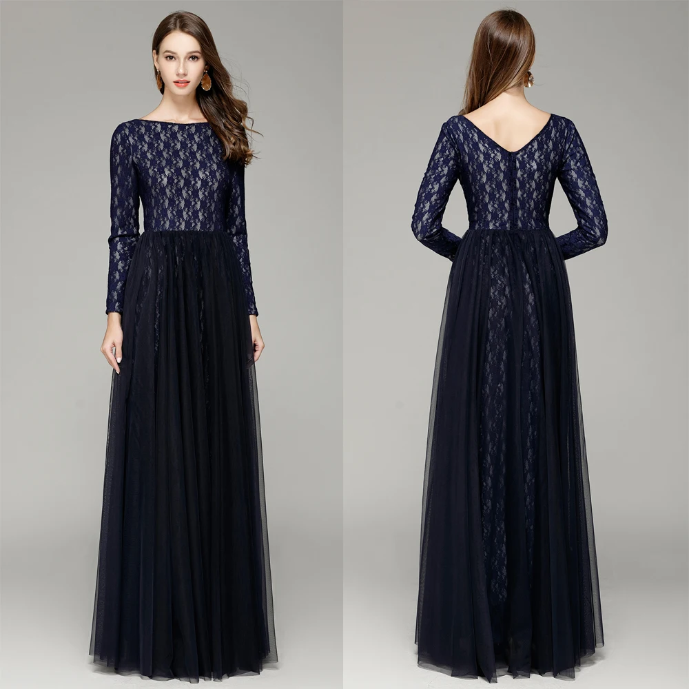 

B0085 New V-Back Long Sleeves Navy Blue Lace&Tulle Floor-Length Prom Ball Gown Women Maxi Dresses A-Line Us size 4 6 8 10 12