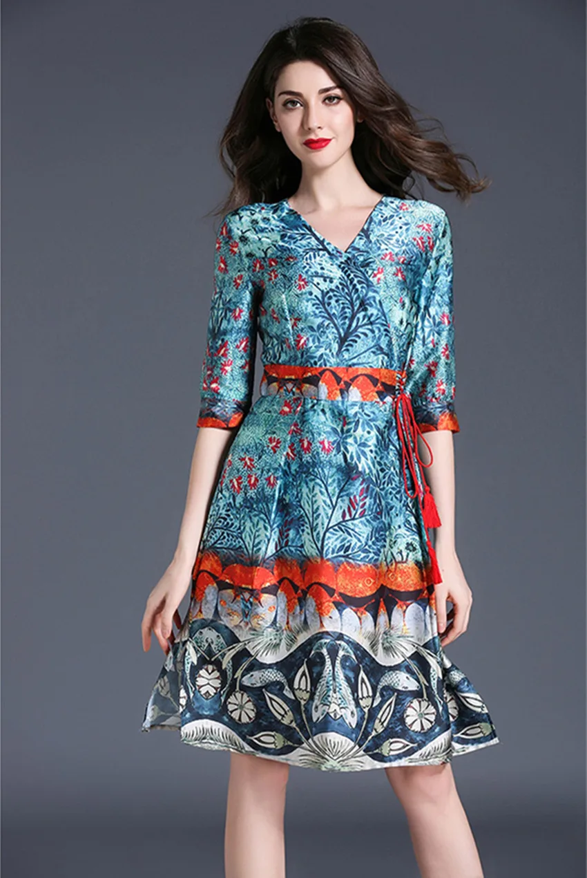 FTLZZ 2017 Summer New Crossed Lateral Frenulum V-neck Slim Dress Woman Retro Ethnic Style Floral Print A-line | Женская одежда