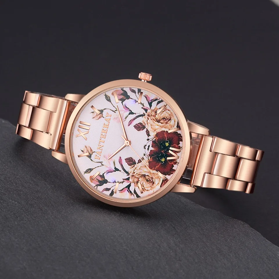 Женские кварцевые часы с цветами из нержавеющей стали | Наручные