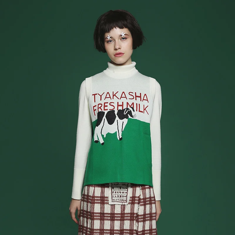 Fashion Design Spring Autumn New Women Knitted Vest Cartoon Letters Jacquard Cotton Sleeveless Sweaters Puloover Tops | Женская одежда