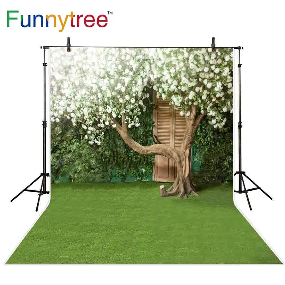 

Funnytree backdrops for photography studio white flower tree door spring wedding scene grass background photobooth photocall
