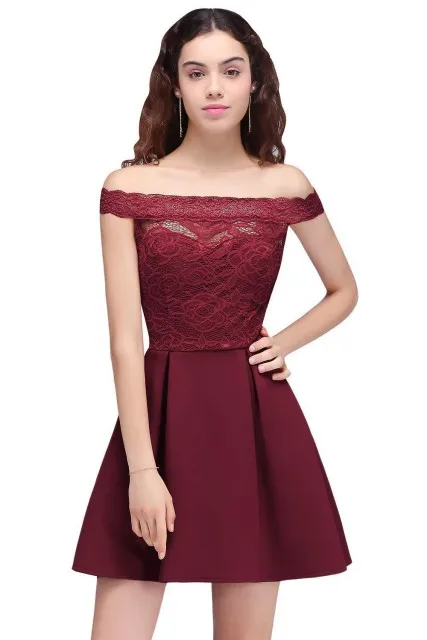 burgundy Коктейльные платья, простые, трапециевидные, с вырезом лодочкой, кружевные, атласные, женские, короткие, Vestidos, сексуальные, женские, с открытыми плечами, коктейльные платья - Цвет: burgundy