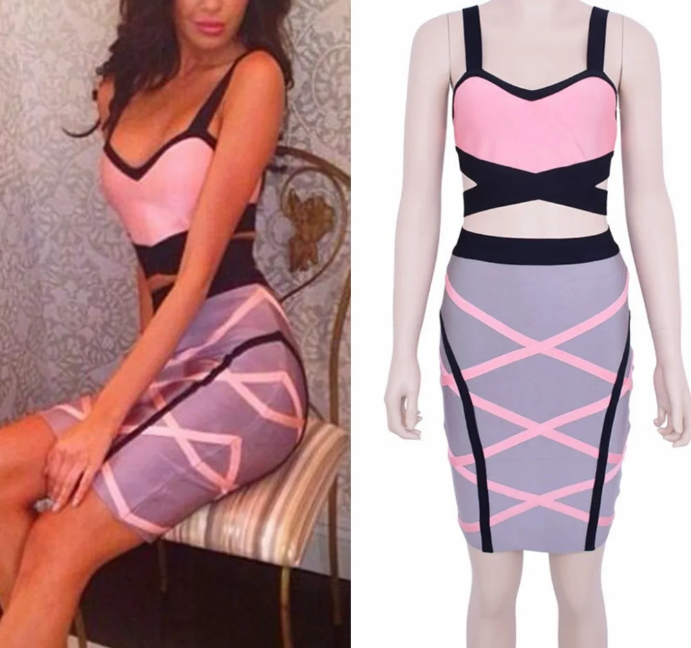 Женское Бандажное платье из двух предметов черное серое розовое с перекрестными