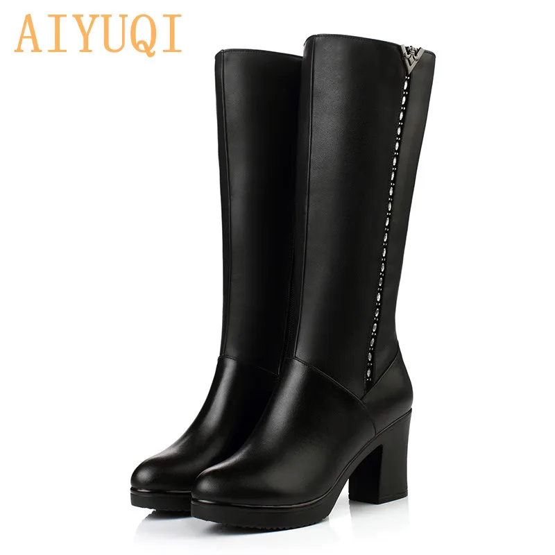 

Женские зимние сапоги; Коллекция 2022 года; Сапоги из натуральной кожи; Женские высокие сапоги на высоком каблуке; Теплые зимние сапоги с шерс...