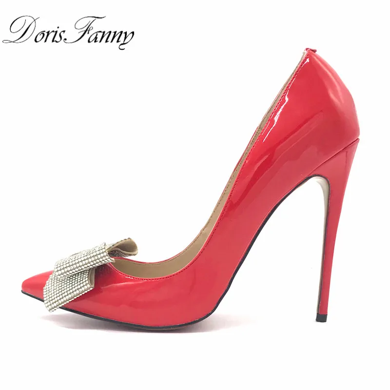 

DorisFanny 2018 New Arrival red middle heels shoes pumps crystal bow classic pointed toe leather dress pumps shoes