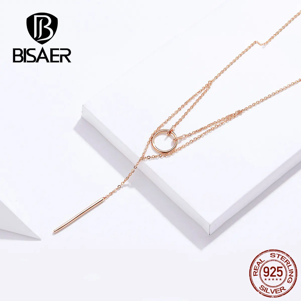 BISAER, простой воротник, 925 пробы, серебро, Круглый Круг, длинная цепочка, подвеска, ожерелья для женщин, Стерлинговое Серебро, ювелирное изделие EFN078