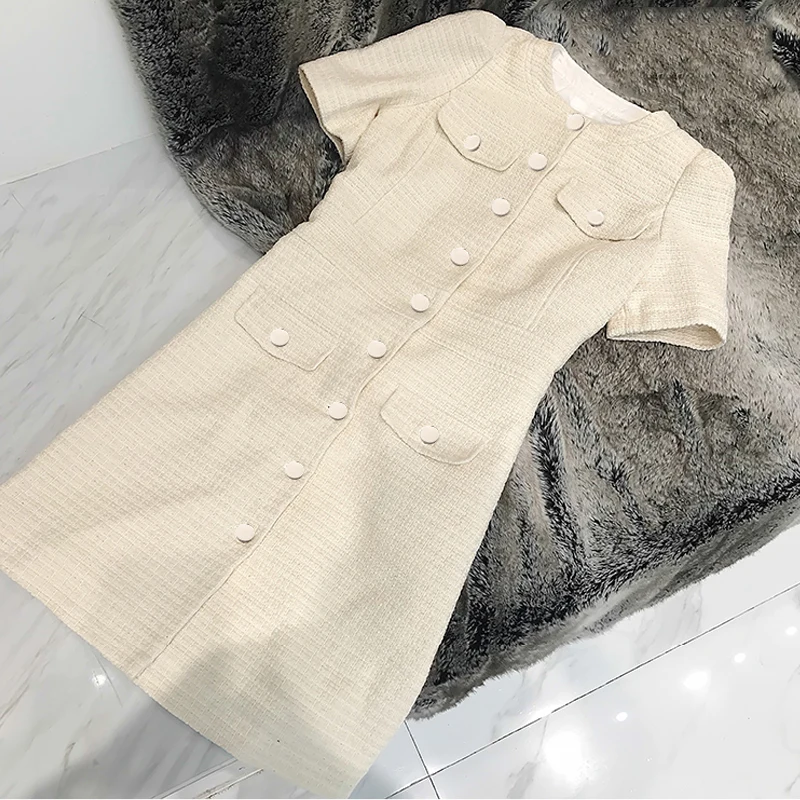 Платье из твида Off white с коротким рукавом 2019 весна / осень женское платье кисточкой