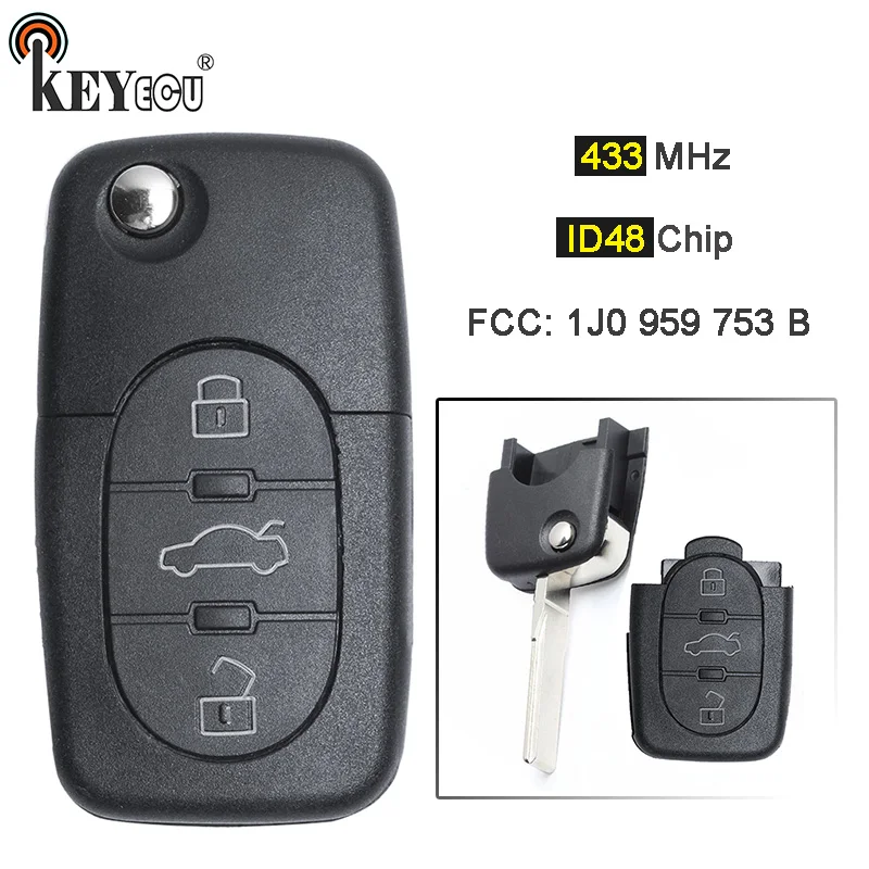 

KEYECU 433MHz ID48 Chip 1J0 959 753 B Flip 3 Button Remote Key Fob for V*W for Volkswagen Passat Golf Bora Beetle Polo