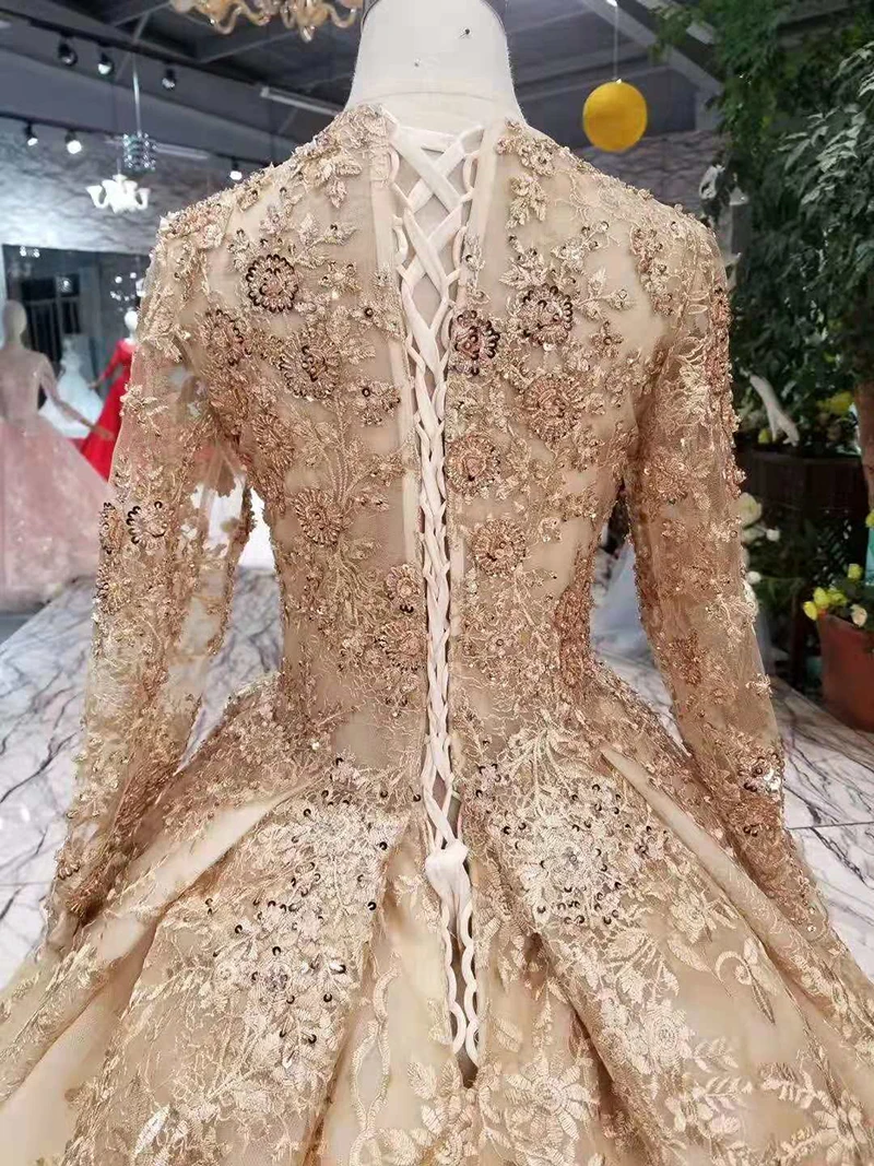 LSS219 golden lace wedding dresses 2020 champagne v-neck long sleeves up back party dress with shiny royal train | Свадьбы и