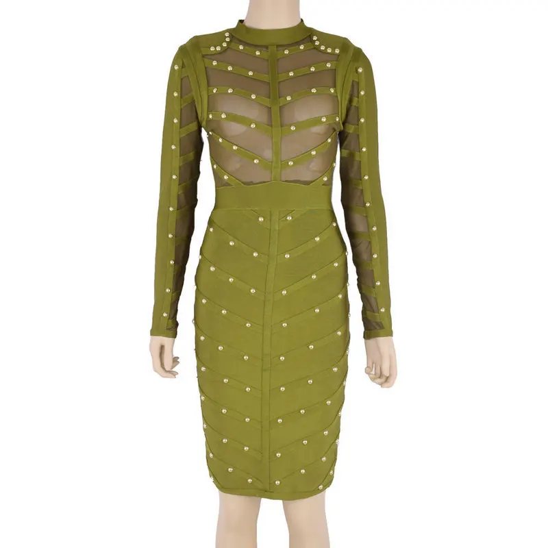 Армейский зеленый New Winter Celebrity Party Bandage Dress Women Knee Length Bodycon Dresses Sexy Mesh Long Sleeve Beaded Dresses - Цвет: Армейский зеленый