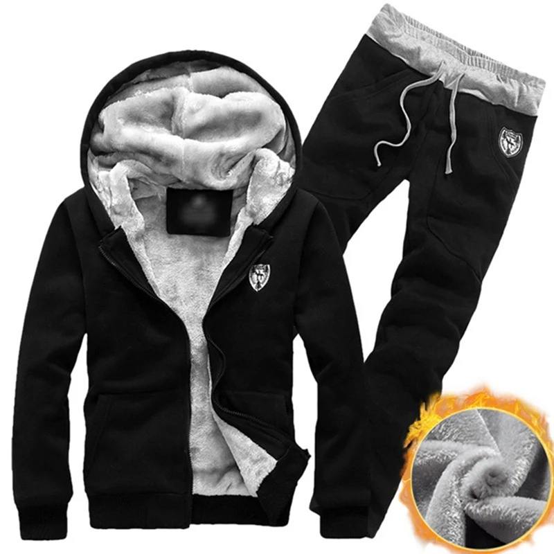 

2019 Winter Thick Waist Pants Casual Men Set Men Sports Suits Tracksuit Hoodie Sportswear Zipper Fleece Hooded Jackets+Elastic