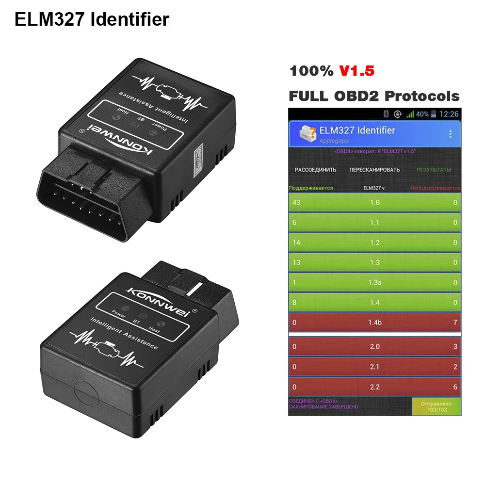Elm327 Bluetooth OBD2 V1.5 Elm 327 v1.5 OBD 2 Автомобильный диагностический инструмент KONNWEI сканер