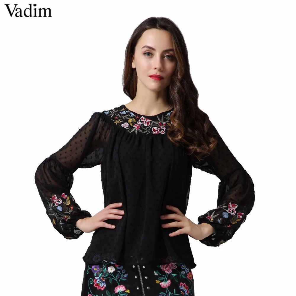 Женская шифоновая блузка Vadim винтажная черная с цветочной вышивкой и