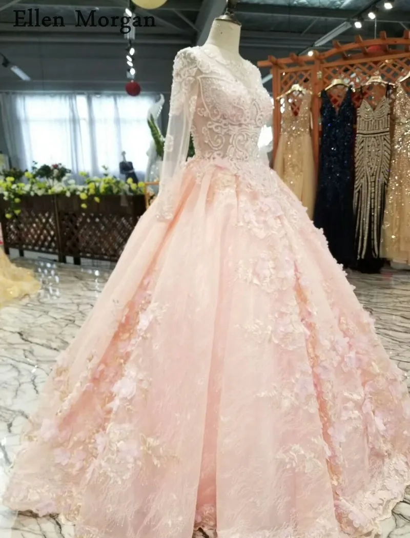 Розовое кружевное свадебное платье с длинными рукавами 2019 цветами украшенное