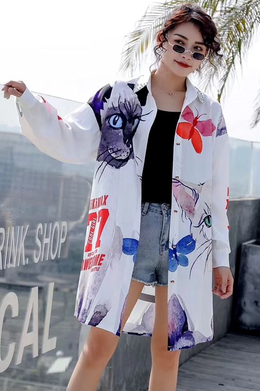

European station 2019 Thailand street fashion cartoon letter printing shirt jacket long paragraph loose net red shirt female