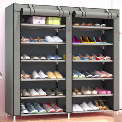 gray shoe style Большая вместительная двухрядная полка для обуви DIY, домашняя многослойная Подставка для хранения в общежитии, полка для защиты обуви от пыли, Тканевый шкаф для обуви с героями мультфильмов - Цвет: gray shoe style
