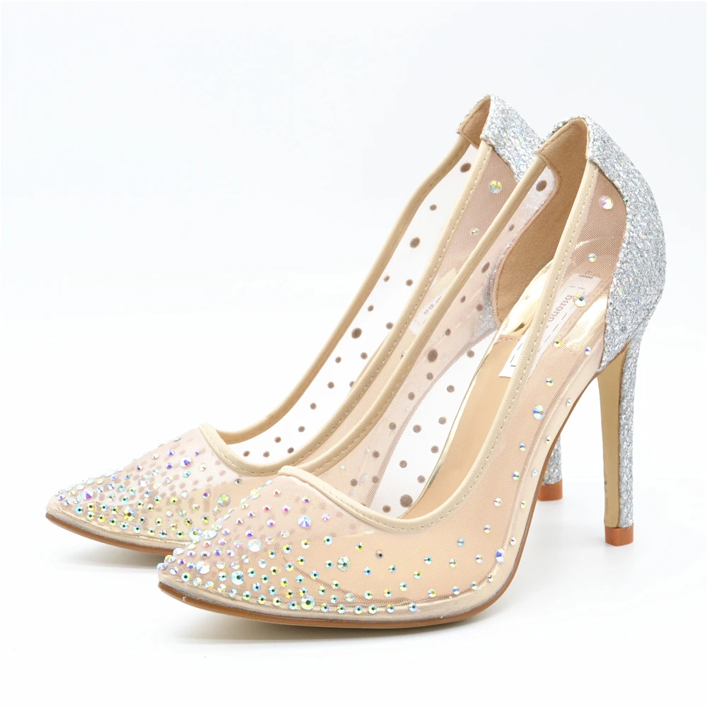 Buono Scarpe/Женская обувь с острым носком на каблуке, украшенная стразами; модная обувь серебристого цвета; туфли-лодочки на высоком каблуке; роскошные свадебные туфли для вечеринки