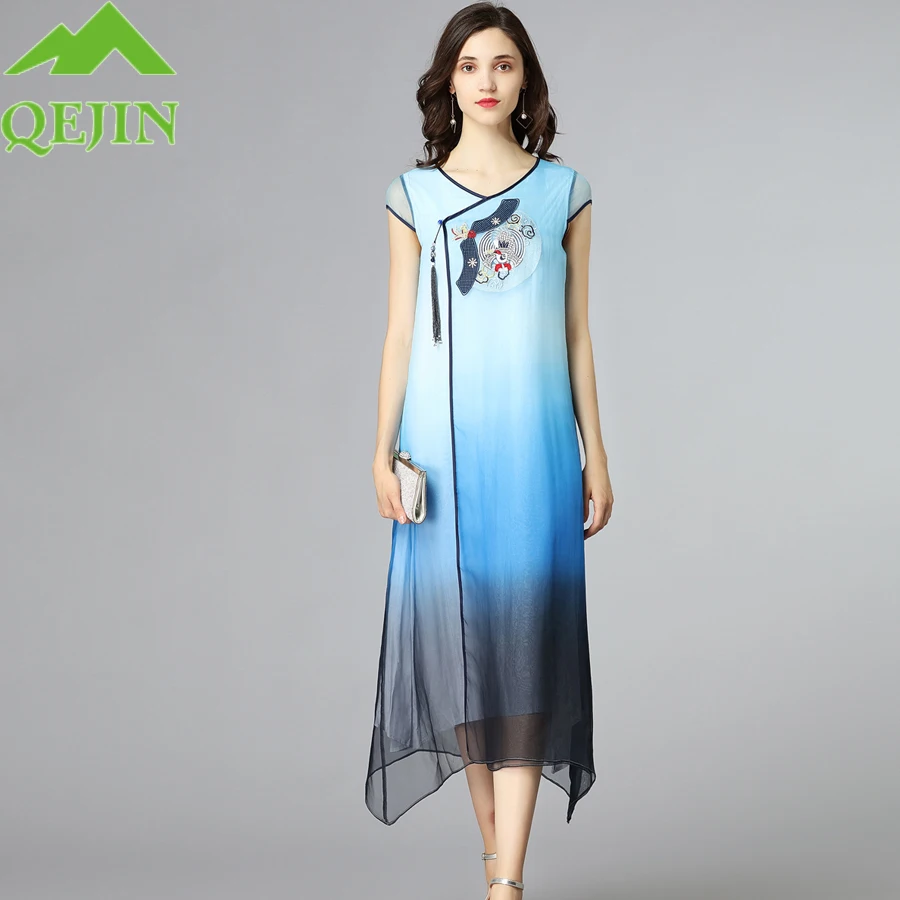 

2018 summer new arrival Women Dresses Nature silk oraganza embroidered flower beach dress Vintage elegant loose plus sizes XXL