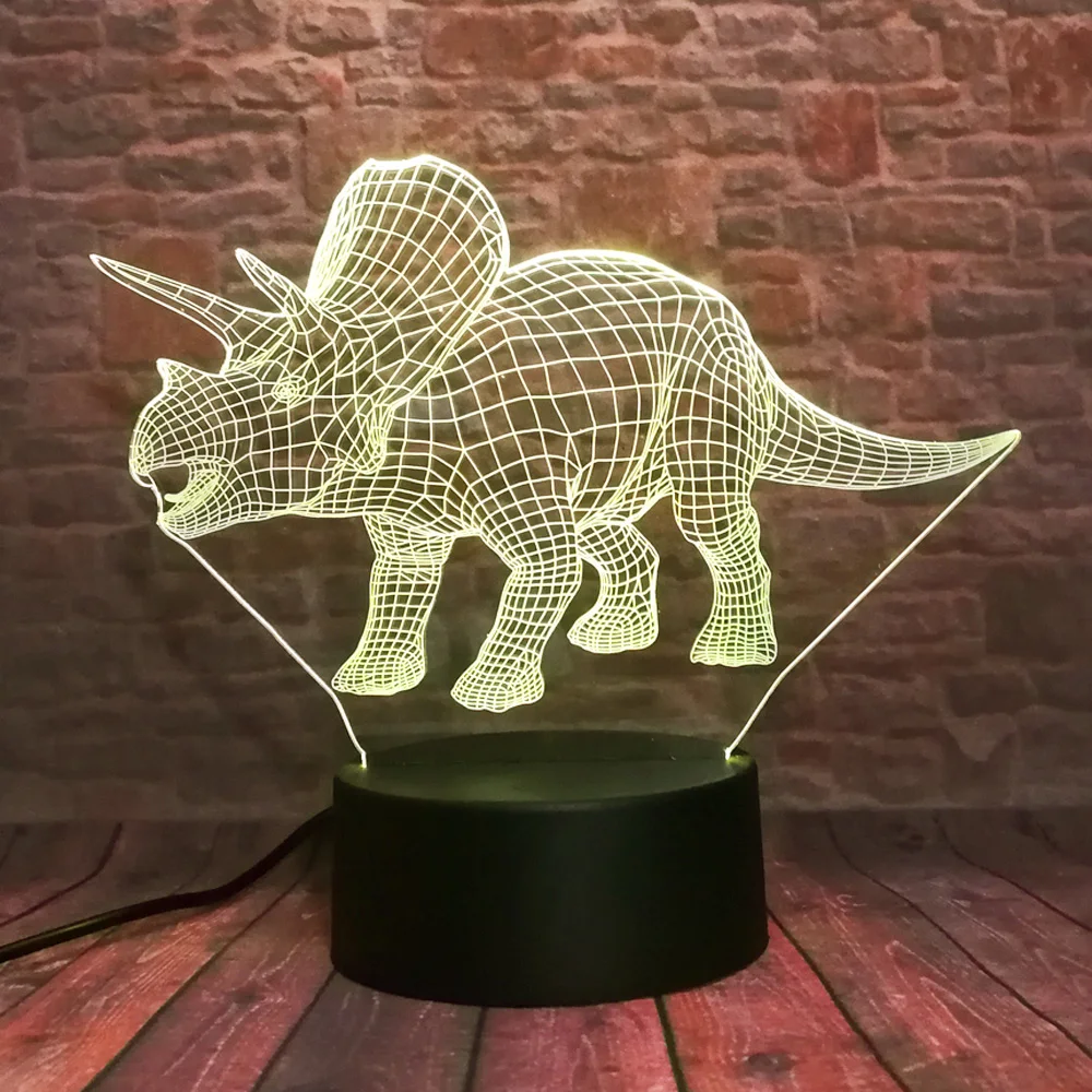 Трицератопс Динозавр 3D Иллюзионная Лампа 7 Цветов Изменения Пульта Дистанционного Управления Сенсорный LED Ночной Светильник Детская Лампара Декорация Для Сна Ребенка Xmas Party On.